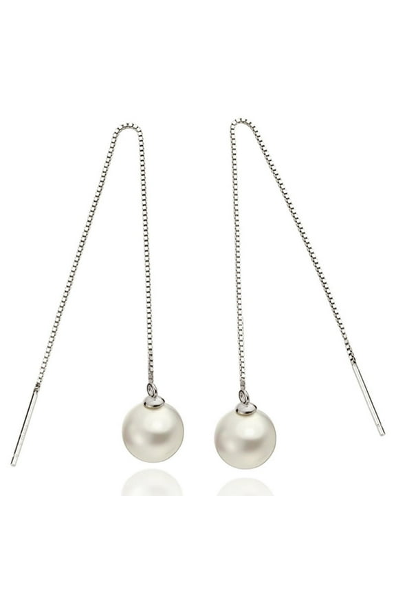 Dainty Pearl Threader Tassel Chian Dangle Drop Earrings Sterling Silver Dangling for Women
