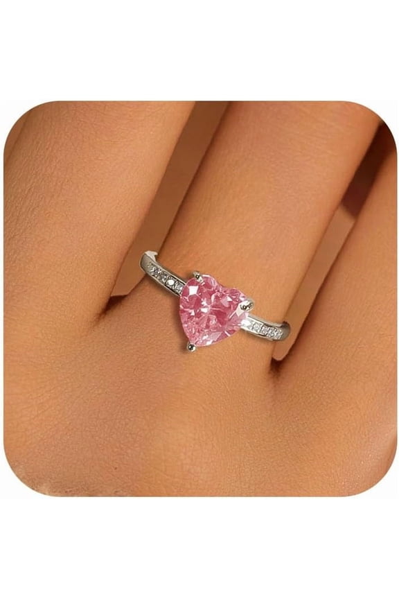 Dainty Pink Cubic Zirconia Heart Ring for Women 925 Sterling Silver Promise Ring for Her Heart Shaped Pink Birthstone Statement Eternity Engagement Rings Band Purity Ring Ladies Wedding Jewelry Gift