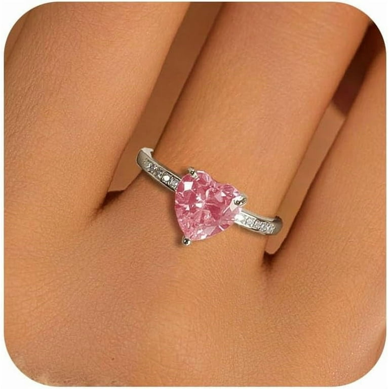 Dainty Pink Cubic Zirconia Heart Ring for Women 925 Sterling