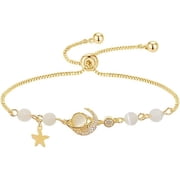 Dainty Planet Moon Star Link Bracelet 18k Gold Plated Adjustable Chain Sparkling Cubic Zirconia Chic Cat Eye Beaded Delicate Bracelets for Women Party Jewelry Best Gift Birthday Valentine's Day Xmas