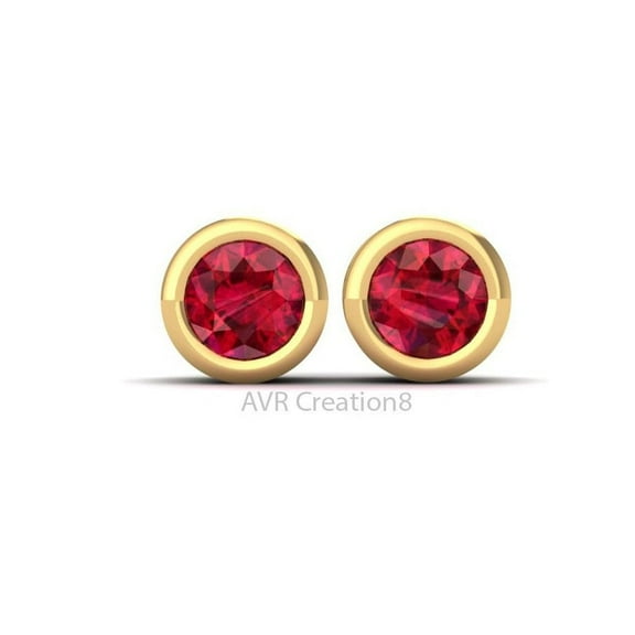 Dainty Red Ruby Stud Earrings, Bezel Set 14k Yellow Gold Plated Pushback Earrings, Gift For Girlfriend