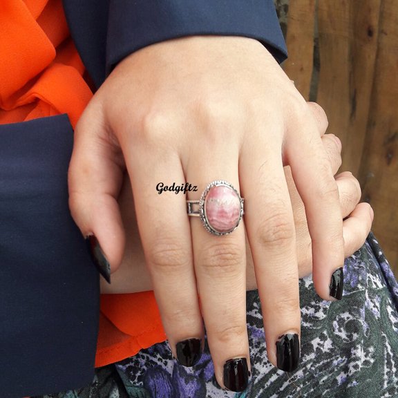 Dainty Rhodochrosite Ring: Oval Gemstone, 925 Sterling Silver