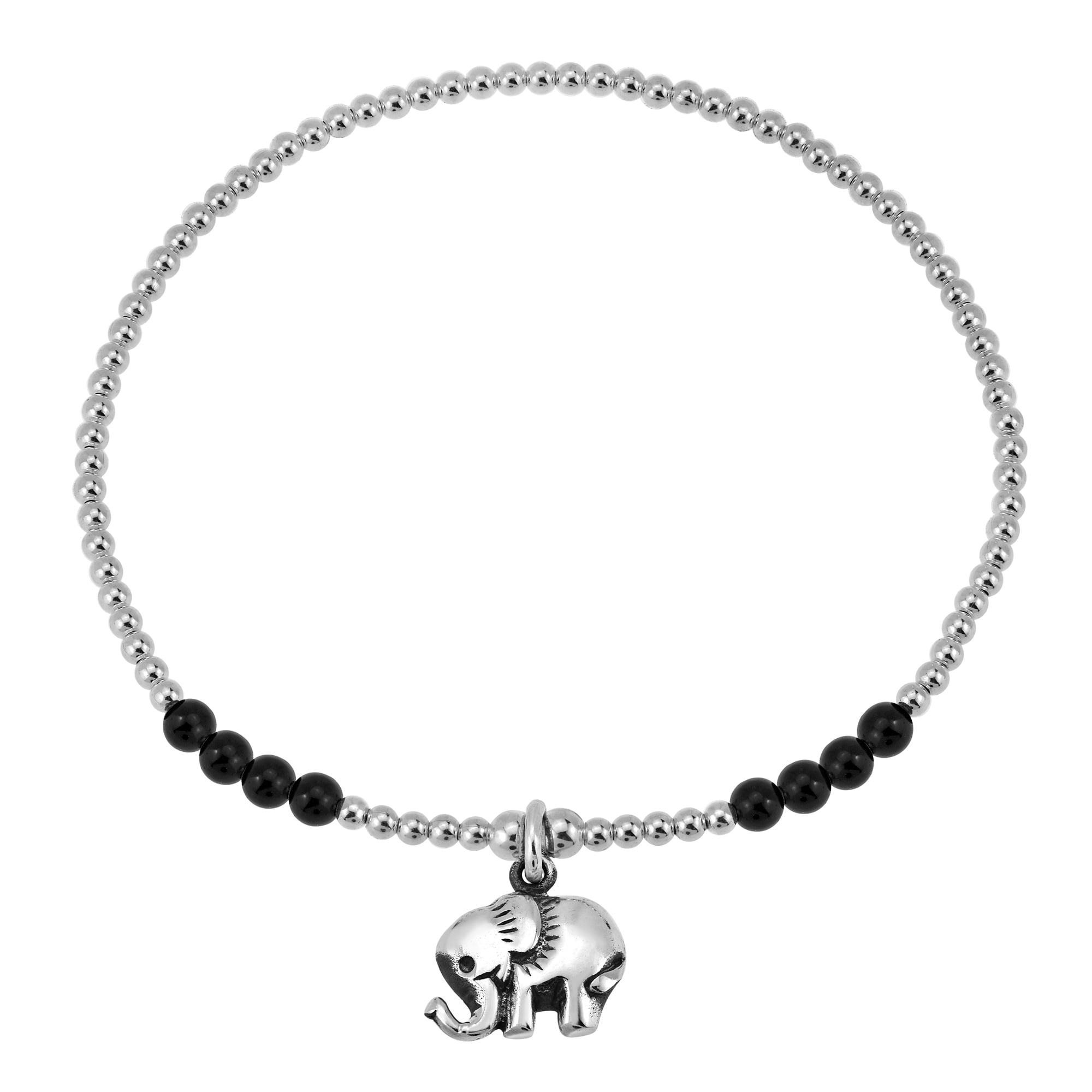 Dainty Royal Elephant Black Onyx Charm Sterling Silver Beaded Bracelet