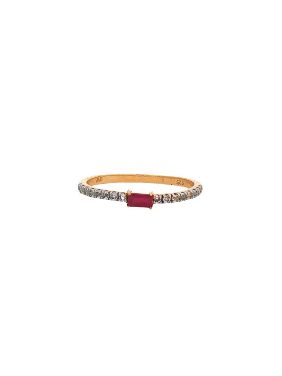 Dainty Ruby Baguette Silver Ring with White Topaz Accents Elegant Minimalist Stackable Band