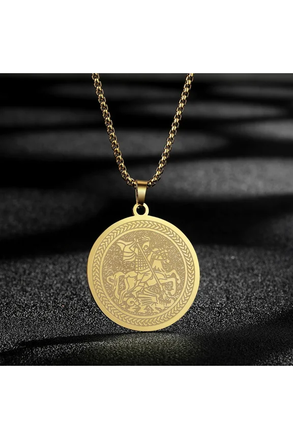 Dainty Saint George Warrior Dragon Medallion Pendant Necklace for Men, 14K Gold Filled Mythology Protective Amulet Jewelry Gift