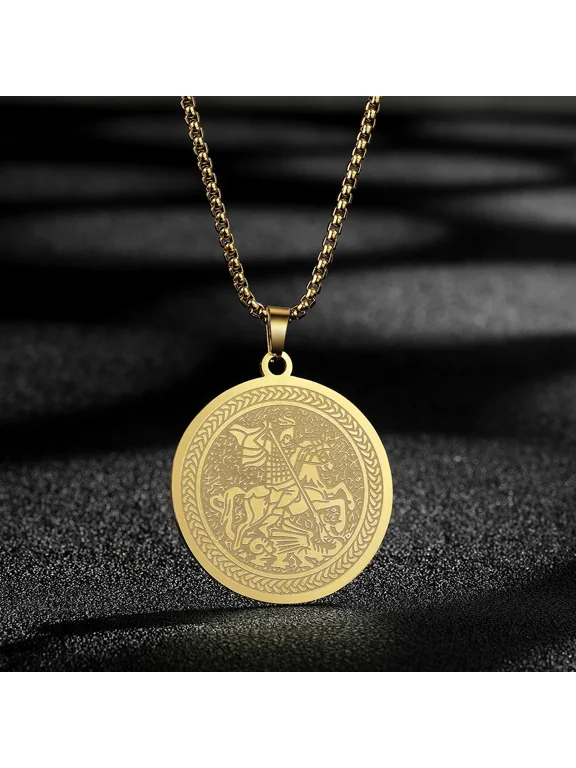 Dainty Saint George Warrior Dragon Medallion Pendant Necklace for Men, 14K Gold Filled Mythology Protective Amulet Jewelry Gift