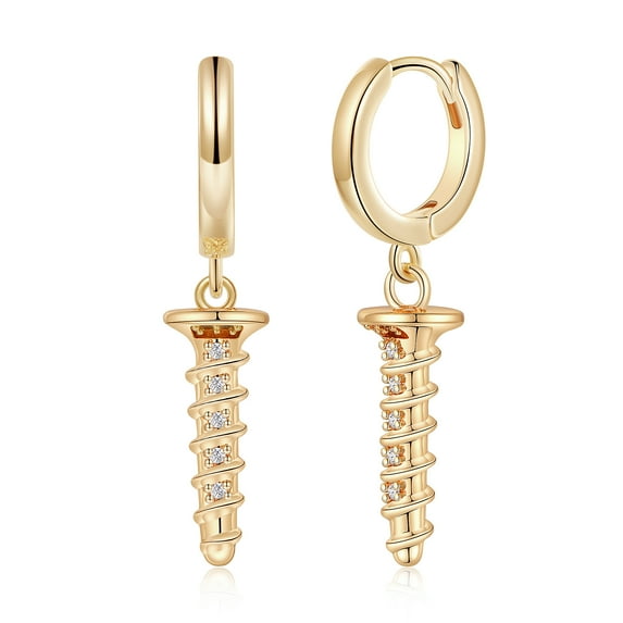 Dainty Screw Huggie Hoop Earrings, S925 Sterling Silver Post 14K Gold Plated Cubic Zirconia Screw Dangle Hoop Earrings for Women