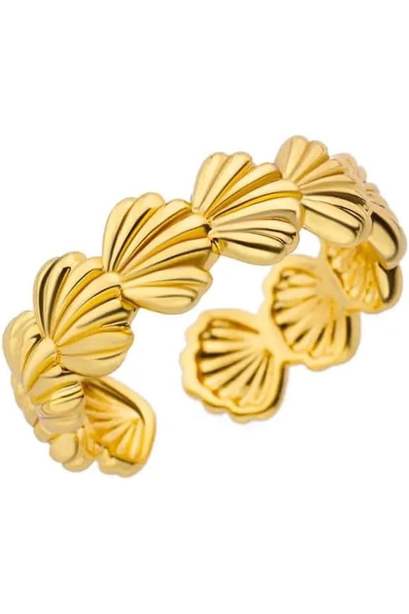 Dainty Shell Statement Open Ring for Women Gold Plated Sea Shell Stacking Adjustable Promise Eternity Wedding Thin Tiny Finger Band Knuckle Rings Fashion Summer Beach Party Jewelry Gift Daughter