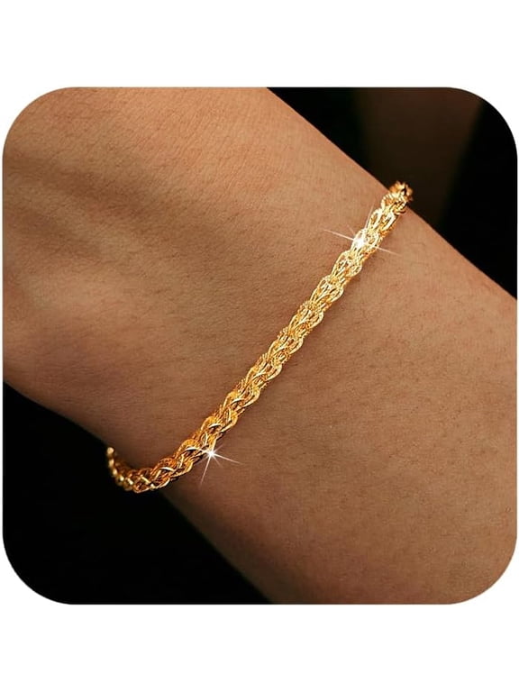 Dainty Shiny 925 Sterling Silver Bracelets for Women 14K Gold Plated Simple Twist Rope Chain Bracelet Minimalist Adjustable Link Charm Bracelet Jewelry Birthday Gifts for Mom