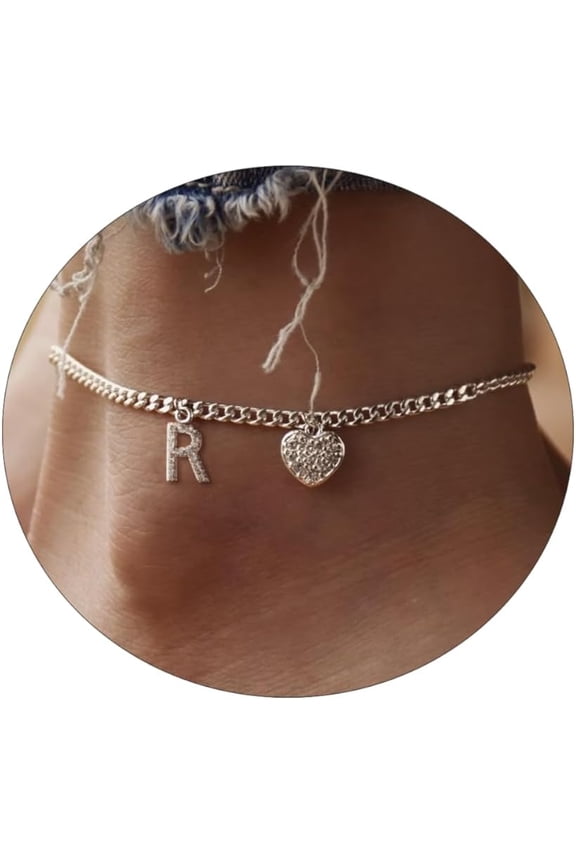 Dainty Silver Initial Anklets for Women 14K Plated Sparkle Ankle Bracelets Simple Personalized Letter Anklet CZ Heart Cuban Chain Everyday Summer Jewelry Gift for Her
