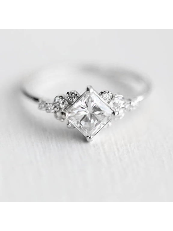 Dainty Square Cubic Zirconia Promise Rings Bridal Wedding Simulated Diamond Fashion Ring for Women Stackable Gold Silver Plated Engagement Ring Exquisite Square Cut Accent CZ Wedding(Silver.Size 6)