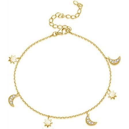 Dainty Star and Moon Anklet 925 Sterling Silver CZ Crystal Adjustable Dangle Charm Beach Foot Anklets Bracelet Summer Foot Jewelry for Women