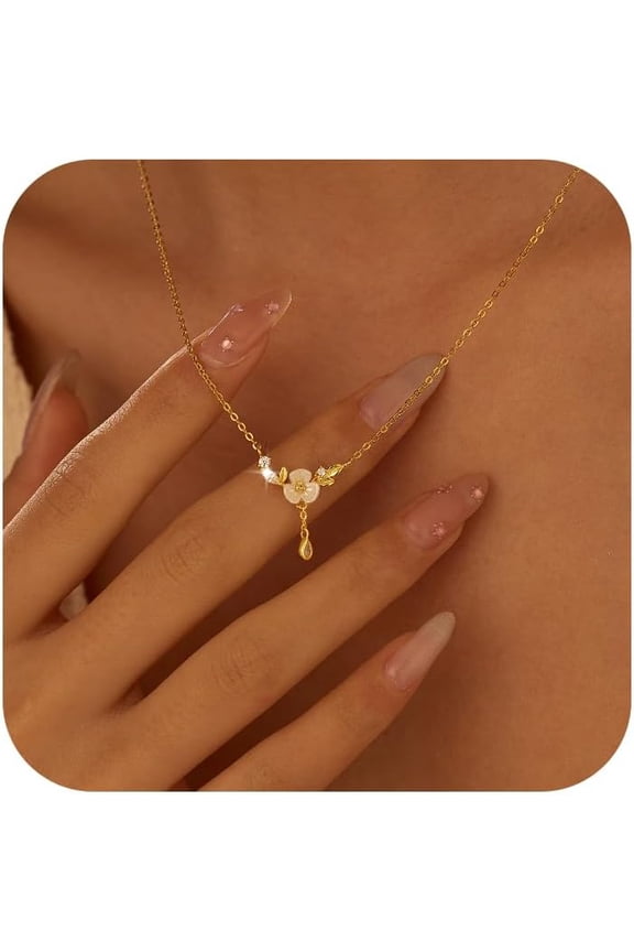 Dainty Sterling Silver Gardenia Necklace for Women 14K Gold Plated CZ Cute Birth Month Enamel Flower Pendant Collarbone Chain to Daughter Mother Hibiscus Floral Lily Necklaces Wedding Brides Jewelry