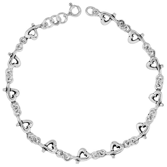 Dainty Sterling Silver Hearts Bracelet for Women and Girls 1/4 wide 7.5 inch long