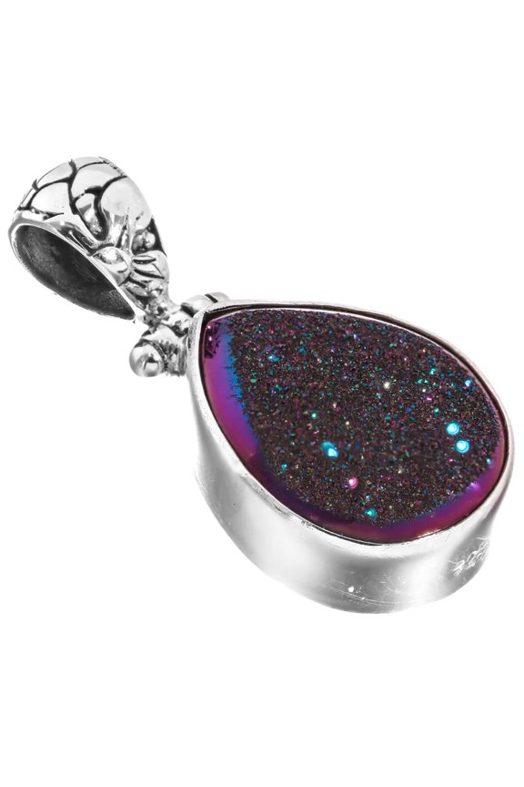 Dainty Teardrop Pear Rainbow Titanium Agate Druzy 925 Sterling Silver Pendant, 1 1/8"