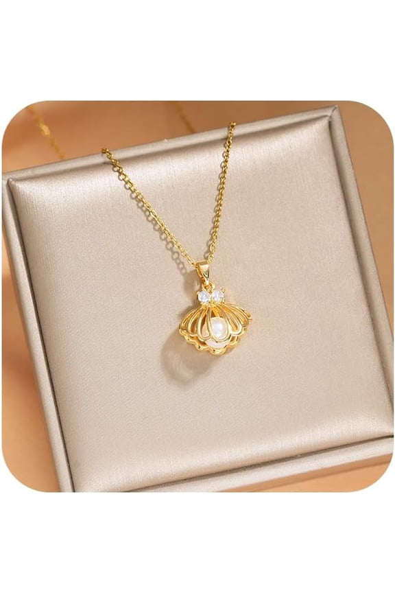Dainty Titanium Steel Hollow Seashell Artificial Pearl Charm Pendant Necklace Cute Boho Beach Scallop 14K Gold Plated Choker Trendy Summer Beach Prom Jewelry Gift for Women