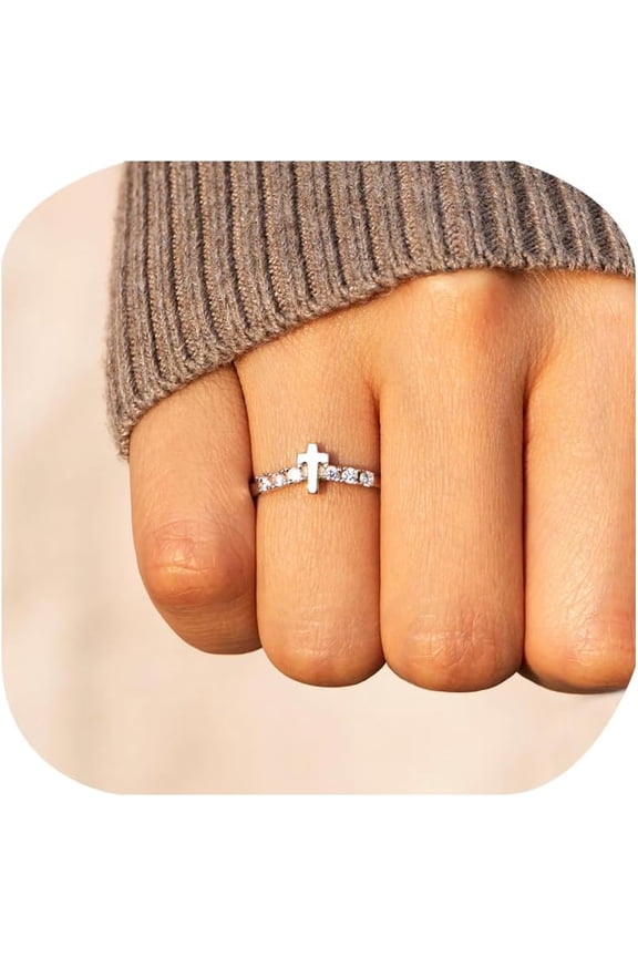 Dainty Trendy Stackable Ring Thin Cz Cross Rings for Women Simple Statement Wedding Bands Eternity Promise Ring for Her Cubic Zirconia Half Eternity Engagement Ring(10#), silver, R-Q538-P10