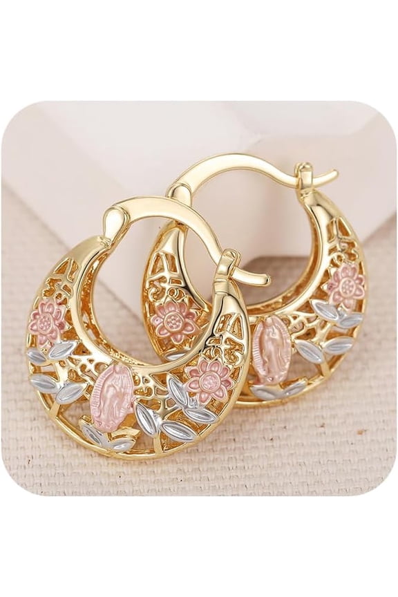 Dainty Vintage Flower Huggie Hoop Earrings 14K Gold Plated Medium Statement Oval Hollowed Sunflower Lightweight Dangle Earrings for Women Chunky Boho Fashion Jewelry Gift