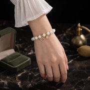 Dainty White Beaded Bracelet with Clover Charms, Cat Eye Beads Bracelet for Women, Adjustable Stretch Bracelet for Girls, Birthday, Party and Everyday Wear