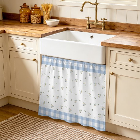 Dainty Wildflower Sprigs Cabinet Curtain, Minimalist Blue Gingham Checkered Border Sink Skirt for Bathroom, Under Sink shelf Curtain Privacy Drape for Kitchen Laundry Room 35x35in