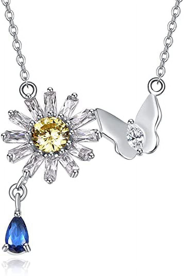Dainty Women Sunflower Necklace 925 Sterling Silver Created Yellow  Citrine&Sapphire Small Daisy Butterfly Pendant for Women - Walmart.com