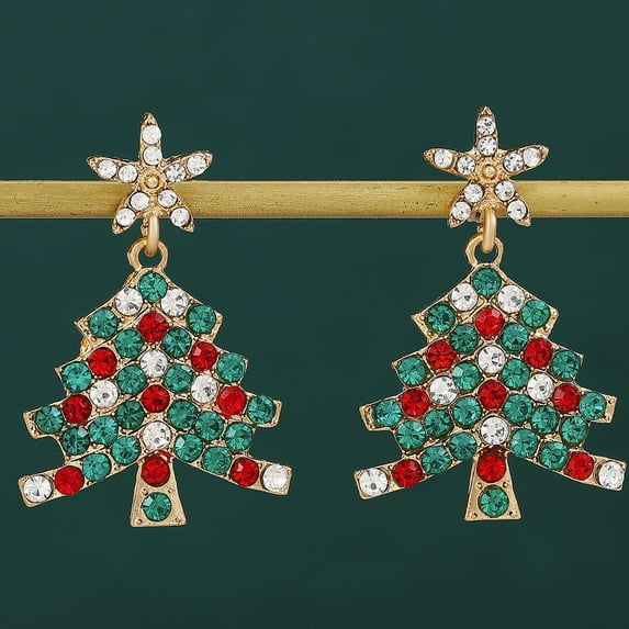 Daiosportswear 2-Pack 1.7in Christmas Tree Earrings,Holiday Earrings,Alloy Rhinestones Rust-Proof Fade-Resistant,Comfortable for Christmas Party Gifts for Girlfriend/Family