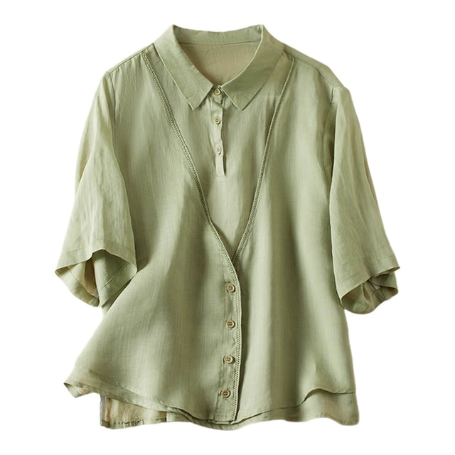 Daiosportswear 3/4 Sleeve Summer V-Neck Button Elegant Solid Fake Two Piece Loose Blouse for Women,Womens Tops