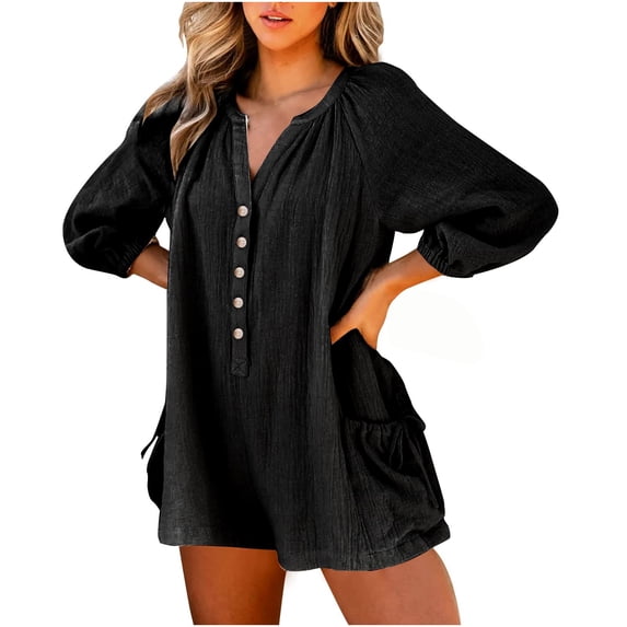 Daiosportswear 3/4 Sleeve Women'S Solid Oversized V Neck Cotton Linen Pocket Buttons Loose Jumpsuit Shorts，Shorts for Women
