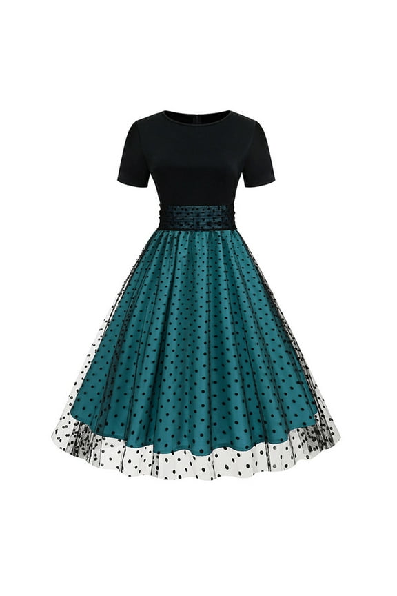 50S Style Dresses for Women Vintage Short Puff Sleeve Square Neck Swing Dress Cocktail Prom Dress with Belt, Short-Sleeved Dress for Women Blue-C 8(L)