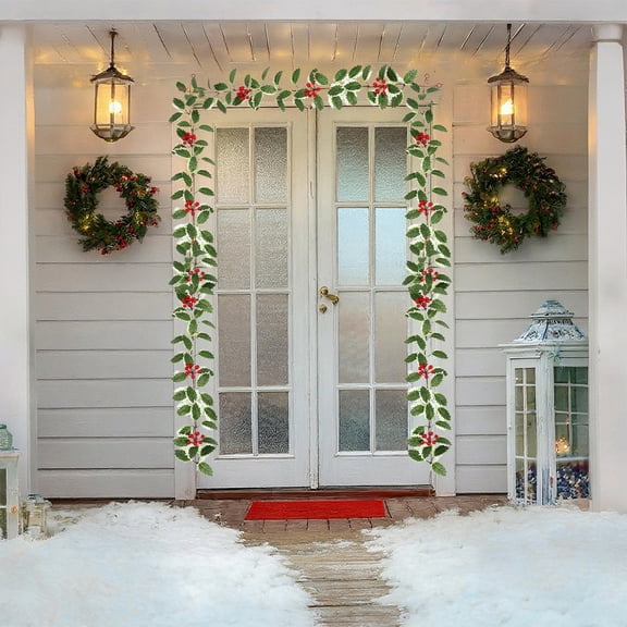 Daiosportswear 7.1x5.1x2in Christmas Artificial Vines,1-Pack Plastic Decor,Green with Red Berries,Holly Leaves,Bendable,Hanging Ring,for Doors/Windows/Fireplaces,Party Decor,Reusable