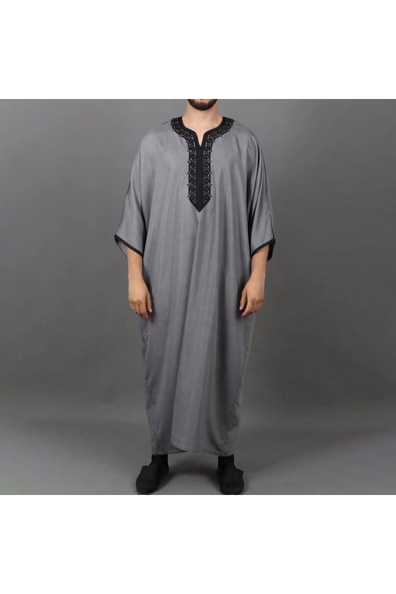 Arabic Men's Long Robe Muslim Clothing Long-Sleeved V-Neck Top/Shirt Gray-C XL