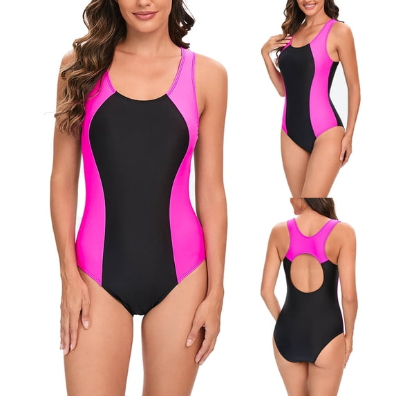 Daiosportswear Athletic Color Block Swimsuit One Piece with Tummy Control & High Neck - Full Coverage Modest Swimwear for Women,Swimwear for Women Hot Pink 10(XL)