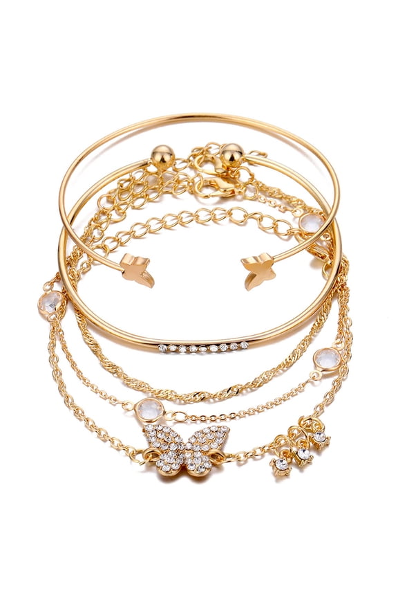 Bohemian Layered Stacking Link Chain Butterfly Pendant Honeycomb Bangle Set Rhinestone Bead Bracelet Stackable Animal Cuff Jewelry for Women 5pc