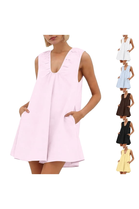 Bubble Babydoll Dress for Women Sleeveless Ruched U Neck Tank Mini Dresses with Pockets Casual Summer Puffy Dress, Women'S Short-Sleeved Sundress Yellow XL(XL)