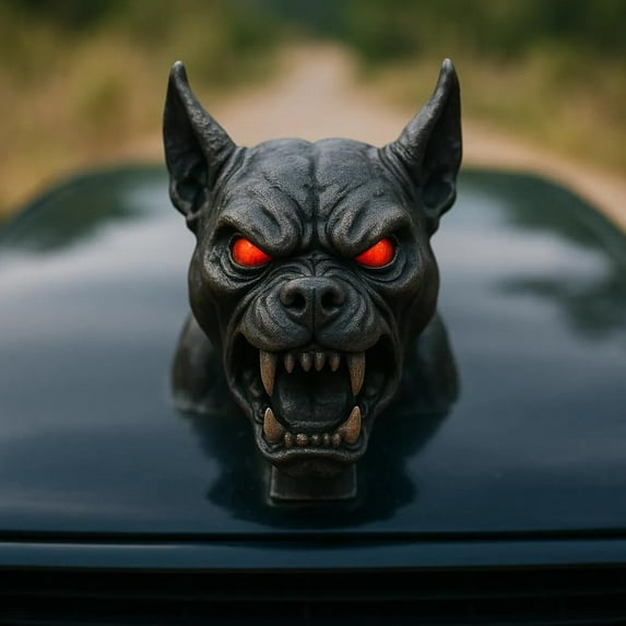 Daiosportswear Car Hood Ornament,Snarling Head Sculpture,Deep Matte-Black Finish,Halloween Decor,Glowing Red Eyes,Weather-Resistant Resin,Universal Fit,Car/Truck Accessory,Intimidating Design
