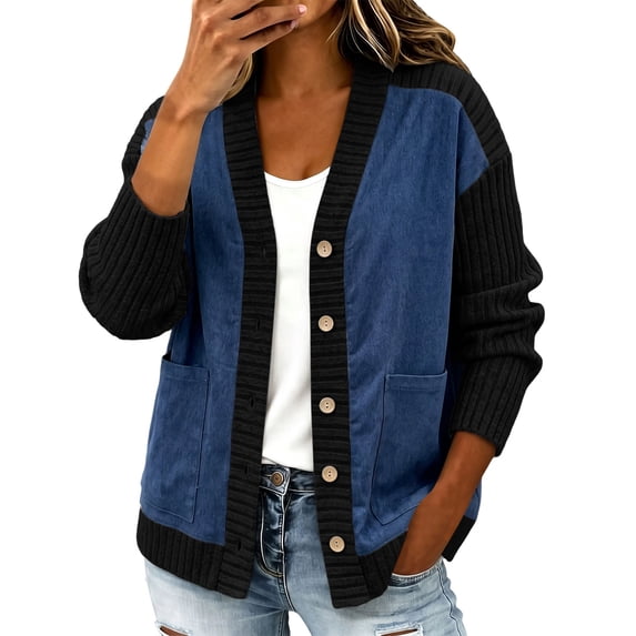 Daiosportswear Cardigan Sweaters for Women Long Sleeve V Neck Button Up Knit Loose Color Block Outwear Coats Black