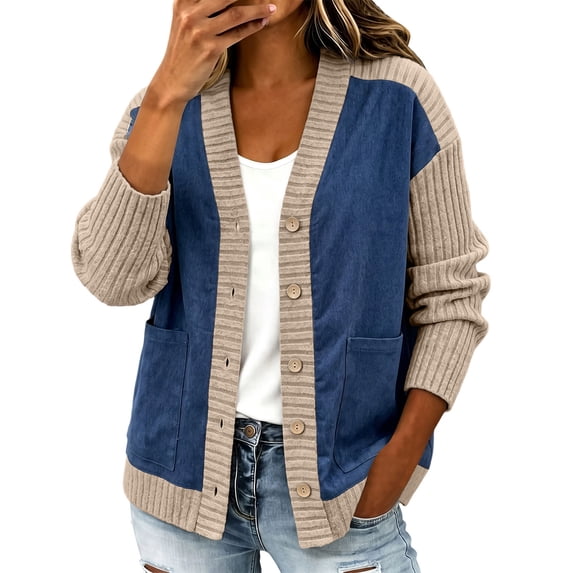 Daiosportswear Cardigan Sweaters for Women Long Sleeve V Neck Button Up Knit Loose Color Block Outwear Coats Khaki