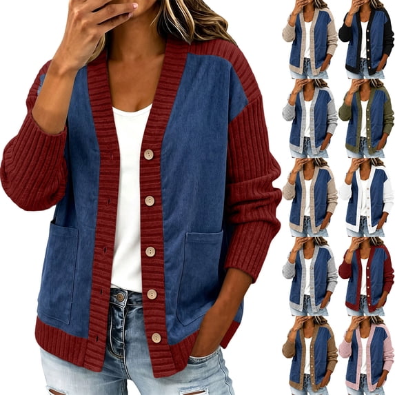 Daiosportswear Cardigan Sweaters for Women Long Sleeve V Neck Button Up Knit Loose Color Block Outwear Coats White