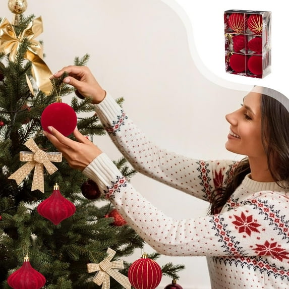 Daiosportswear Christmas Balls Set,Flocked Christmas Ornaments,6 Piece,Flock,Multiple Styles,Lightweight,with Caps & Rope,Easy to Hang,Christmas Decorations,Tree Decorations,for Home office School