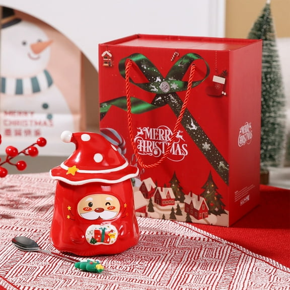 Daiosportswear Christmas Ceramic Cup,Christmas Mug,Ceramics,with Lid/Spoon,Cute Couple Coffee Cup,Bow Handle,Household,Durable,Generous Capacity,for Hot Chocolate/Coffee,Christmas Parties