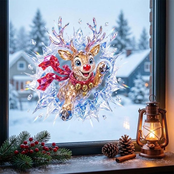 Daiosportswear Christmas Ice Crystal Reindeer Electrostatic Window Cling Broken Window Effect PVC Static Sticker for Shop Home Glass Door Holiday Display 11.81x11.81in