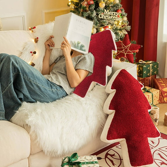Daiosportswear Christmas Tree Pillow,27.6x19.7x4.7in Flock Cushion,Red/Green,Living Room Sofa Decor,Holiday/New Year,Plush,Soft, Lumbar Support,Gift,Versatile Use