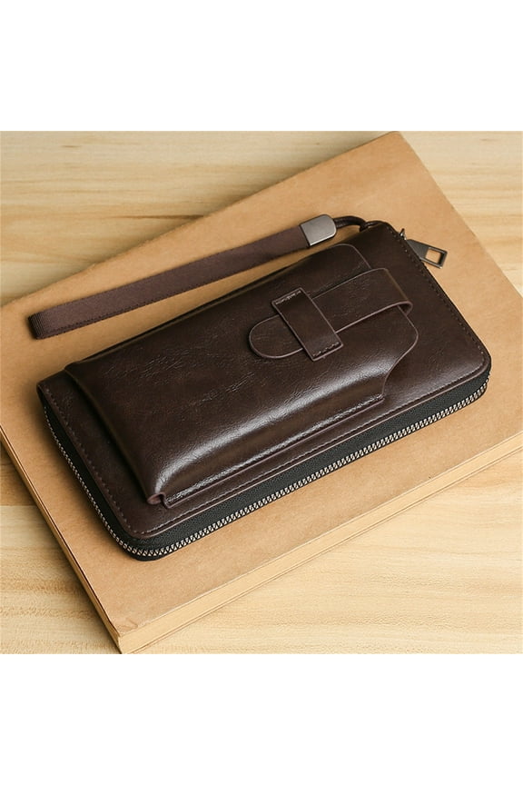 Large Capacity Long Men'S Leather Zippered Wallet with Multiple Card Holders for Storing 6.9-Inch Phones Coffee