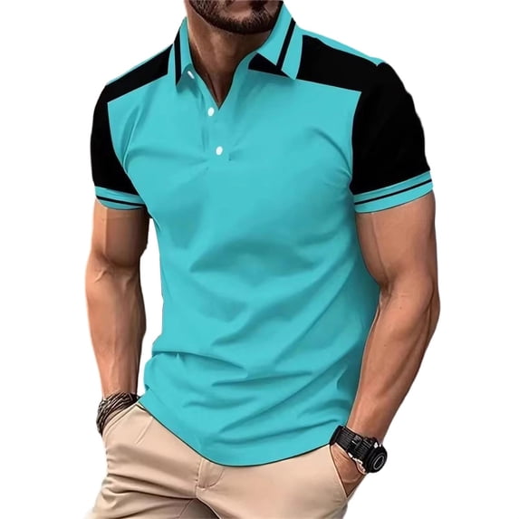 Daiosportswear Color Block Shirt for Men Turn-Down Collar Short Sleeve T-Shirts Summer Casual Athletic Tops Slim Golf Tee Sky Blue XXL(XXL)