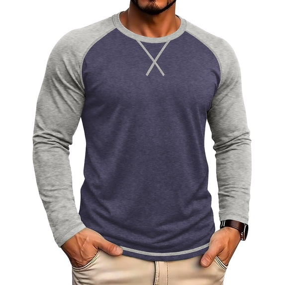 Daiosportswear Color Block Tops for Men Casual Stylish Crewneck Raglan Long Sleeve Baseball Tee Shirts Fall Pullover Dark Blue S