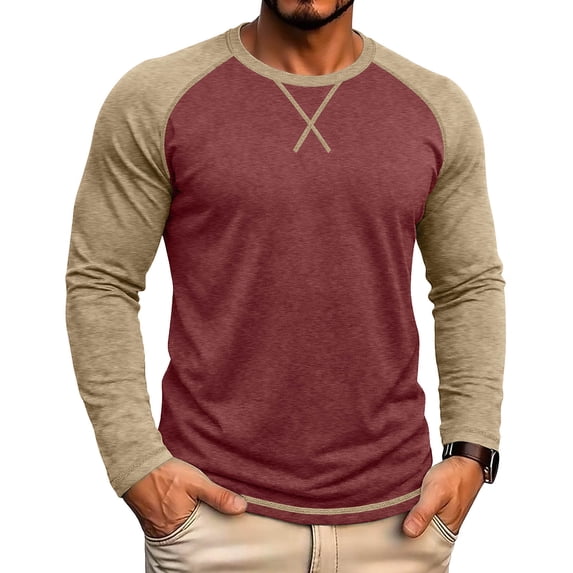 Daiosportswear Color Block Tops for Men Casual Stylish Crewneck Raglan Long Sleeve Baseball Tee Shirts Fall Pullover Red M