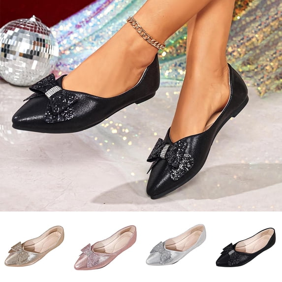 Daiosportswear Women's Pointed Toe Ballet Flats with Sparkly Bow Comfortable Slip-On Dress Shoes for Work Wedding Daily Silver