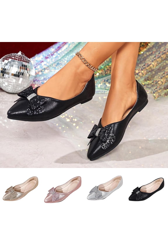 Flats for Women Pointed Toe Bow Shoes Work Slip-On Dress Shoes Comfortable Dressy Flat,Womens Shoes Silver 9.5(43)