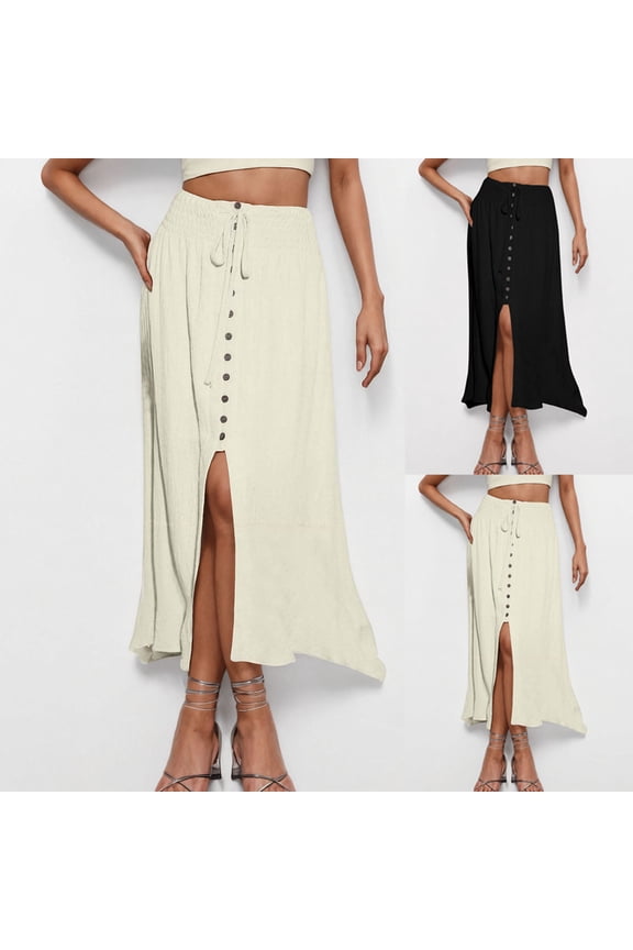 Flowy Maxi Skirt for Women Boho Long Skirts Slit Button Down Elastic High Waist Western Cowgirl Concert Outfit,Maxi Skirt White XL(XL)