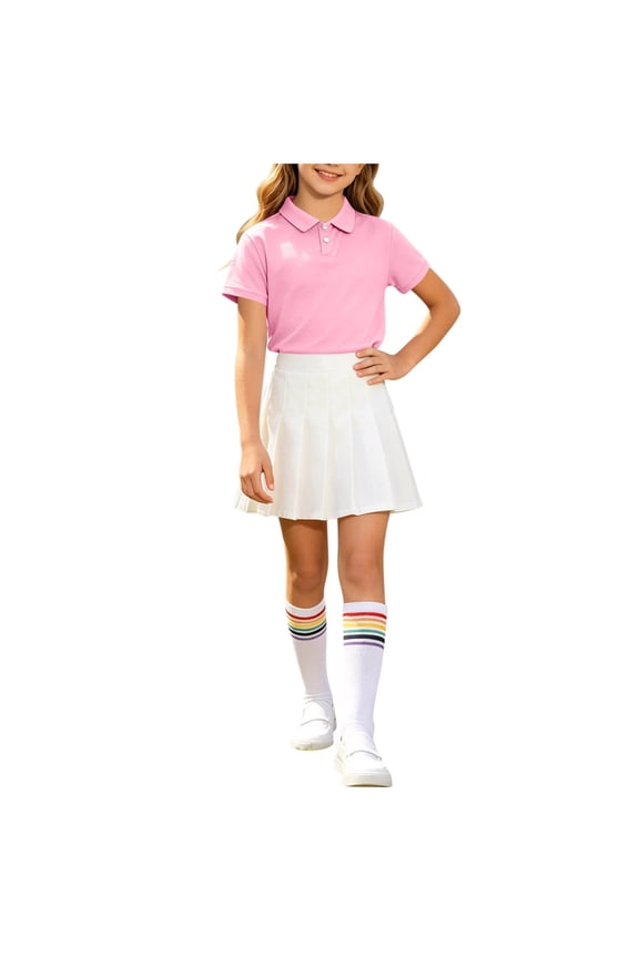 Girls 3 Piece School Uniform Set, Short Sleeve Polo High Waist Pleated Skirt Rainbow Striped Knee Socks for 3-16Y Pink 13-14 Years